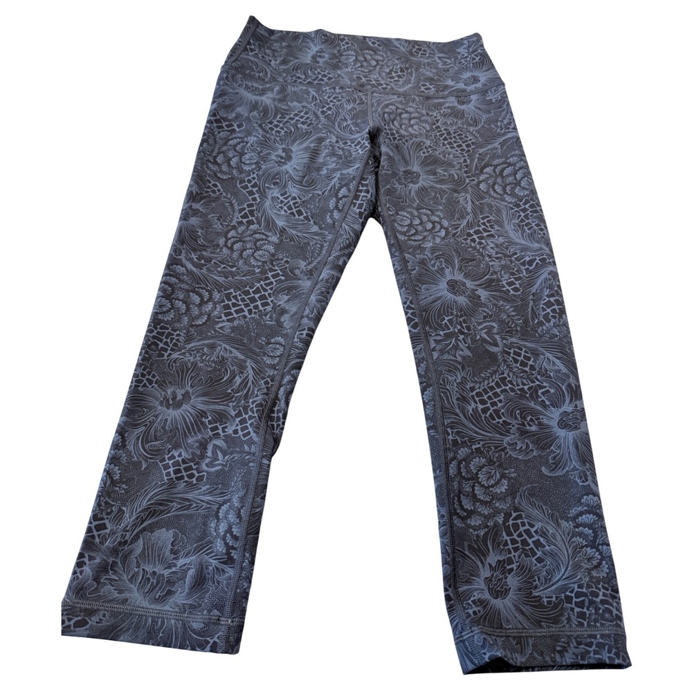 Lululemon Wunder Under Crop High Rise Floral Filigree Navy Blue Leggings Size 8